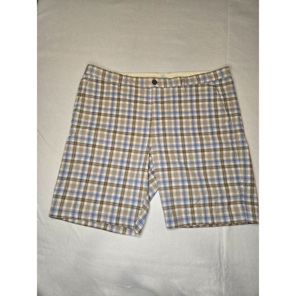 Tommy Bahama Mens 42 Plaid Shorts Casual Flat Front Beige Blue‎ Brown Seersucker